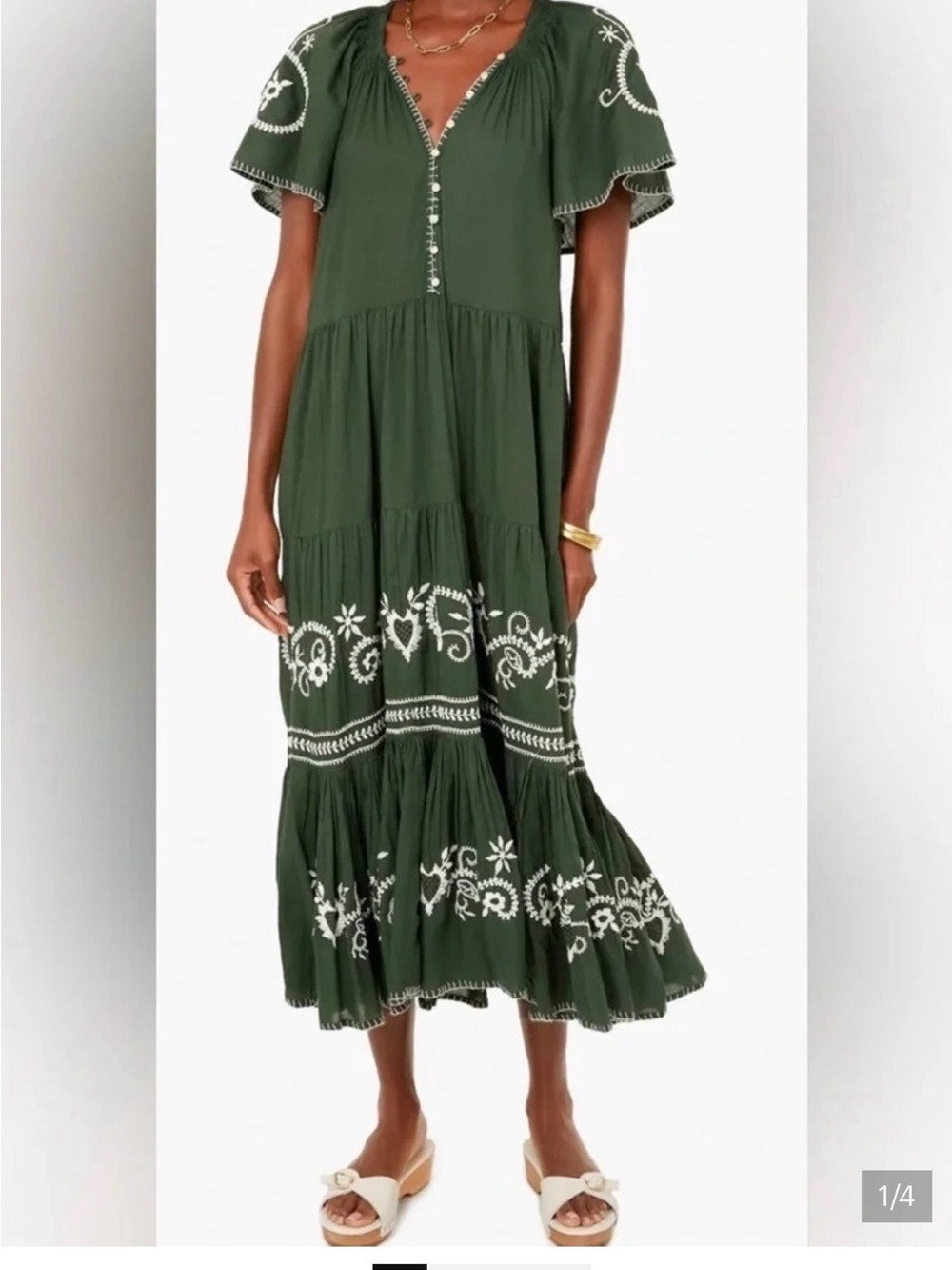 THE GREAT. Olive Green Embroidered Maxi Dress